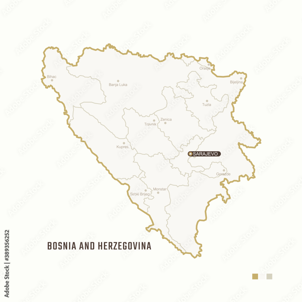 Map of Bosnia and Herzegovina with border, cities and capital Sarajevo. Each city has separately for your design. Vector Illustration