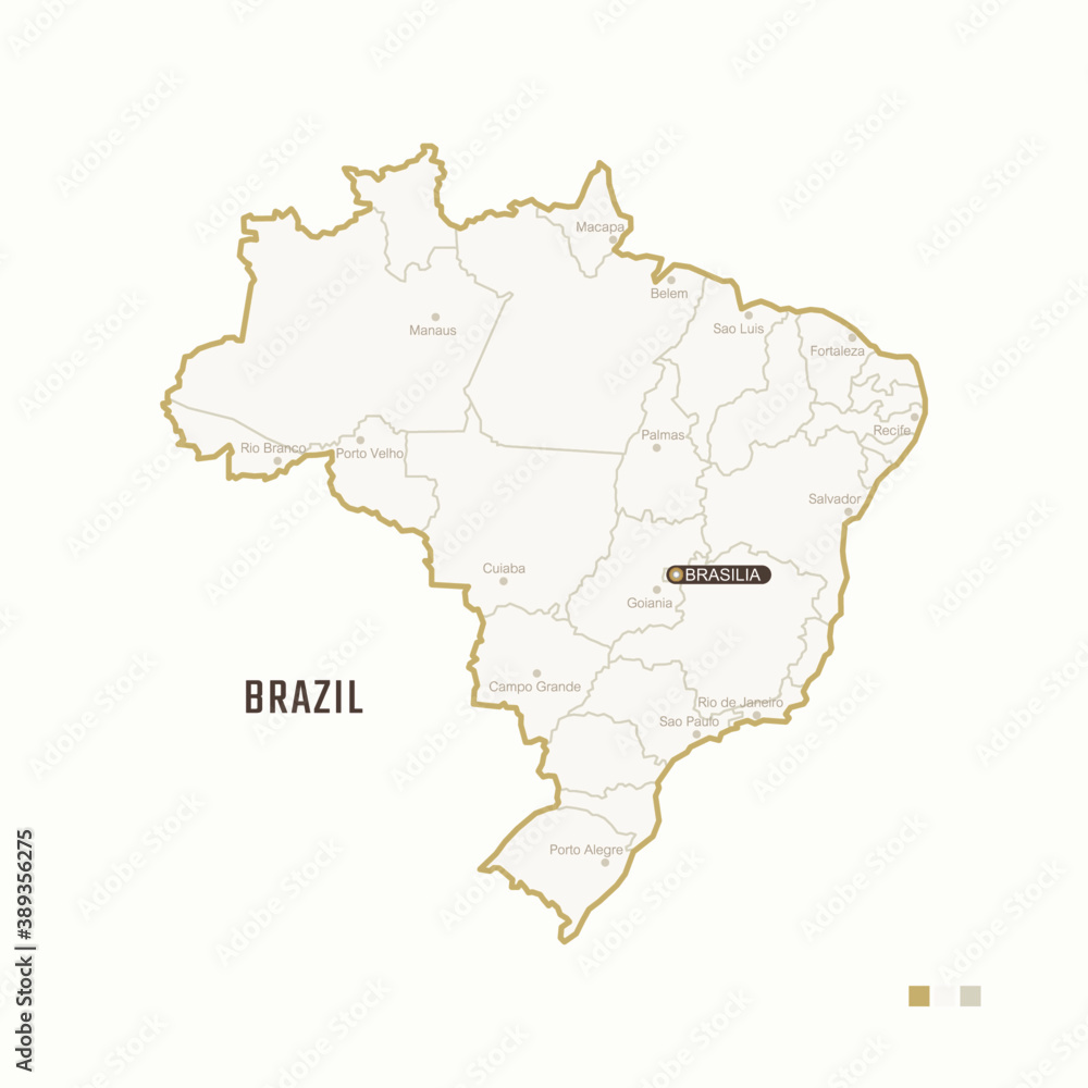Map of Brazil with border, cities and capital Brasilia. Each city has separately for your design. Vector Illustration