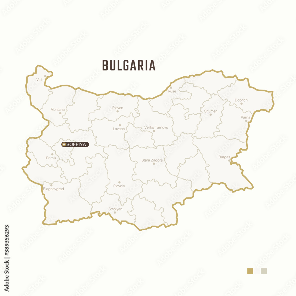 Map of Bulgaria with border, cities and capital Sofia. Each city has separately for your design. Vector Illustration