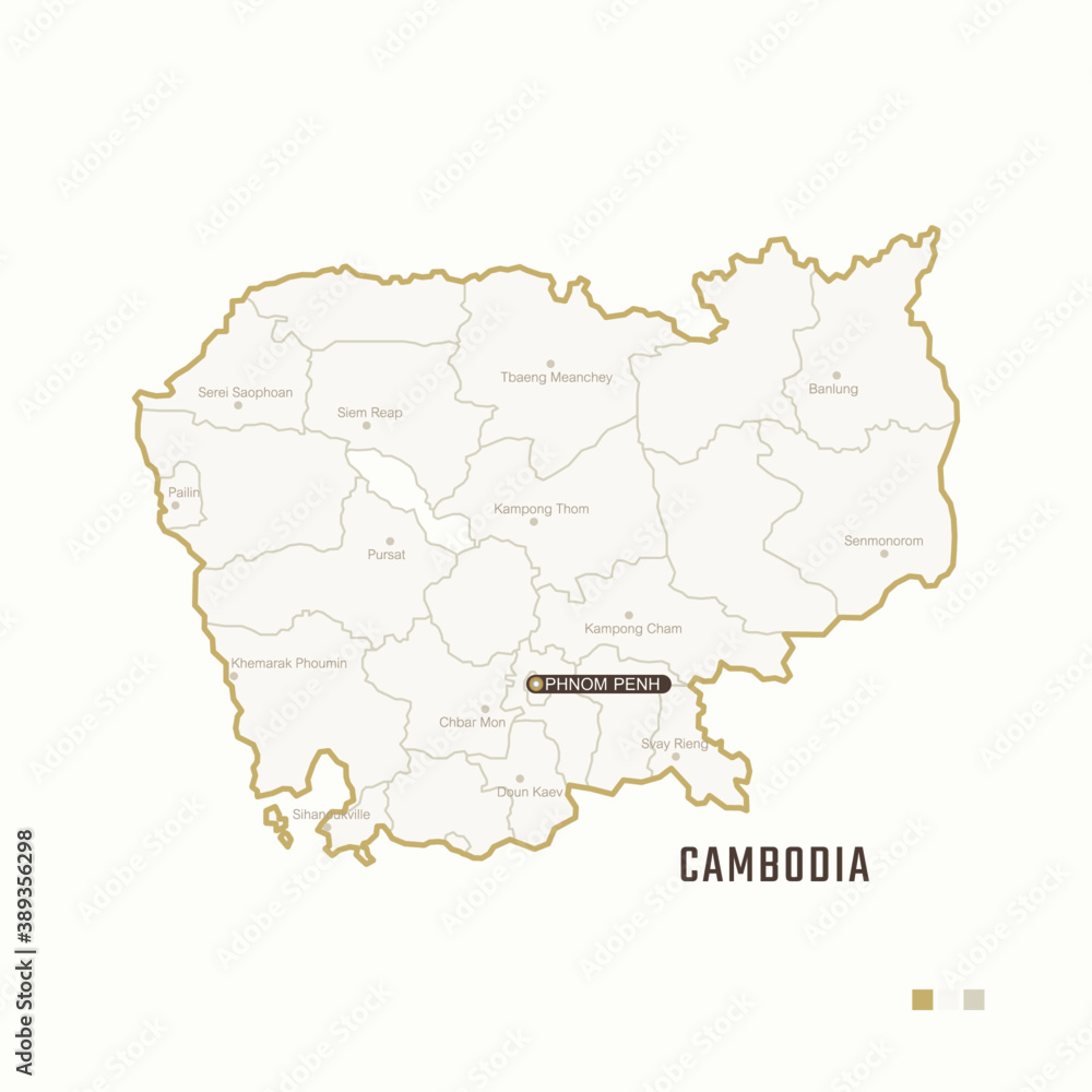 Map of Cambodia with border, cities and capital Phnom Penh. Each city has separately for your design. Vector Illustration