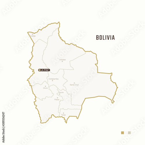 Map of Bolivia with border  cities and capital La Paz. Each city has separately for your design. Vector Illustration