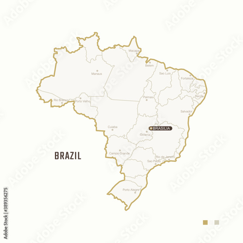 Map of Brazil with border  cities and capital Brasilia. Each city has separately for your design. Vector Illustration