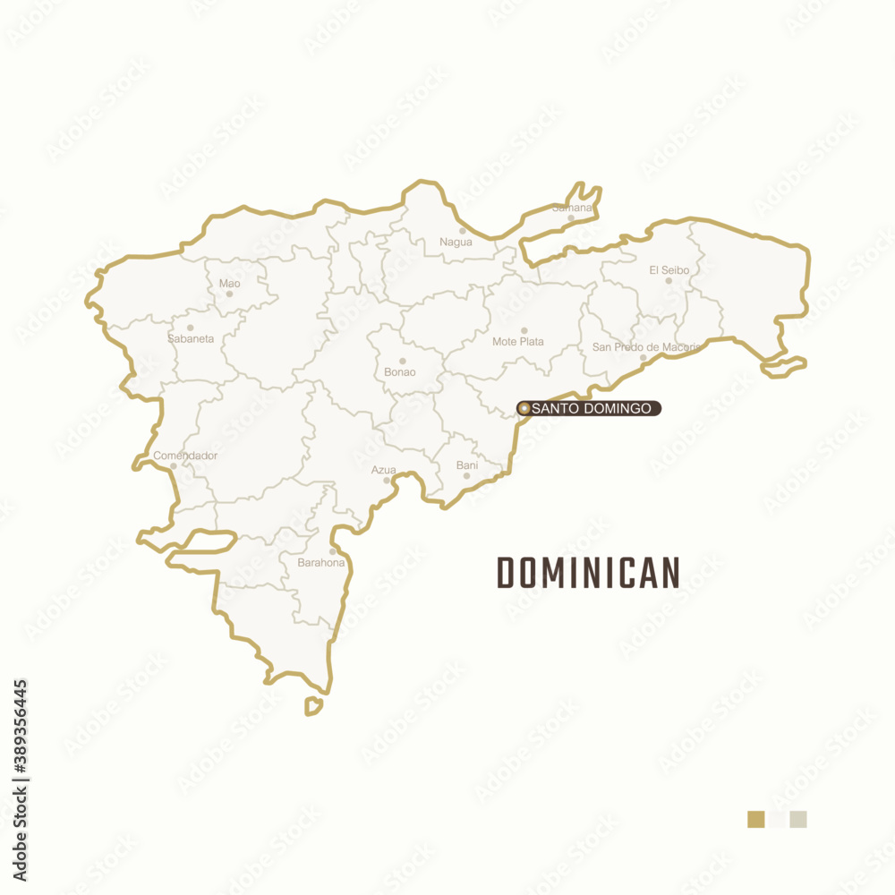 Map of Dominican with border, cities and capital Santo Domingo. Each city has separately for your design. Vector Illustration