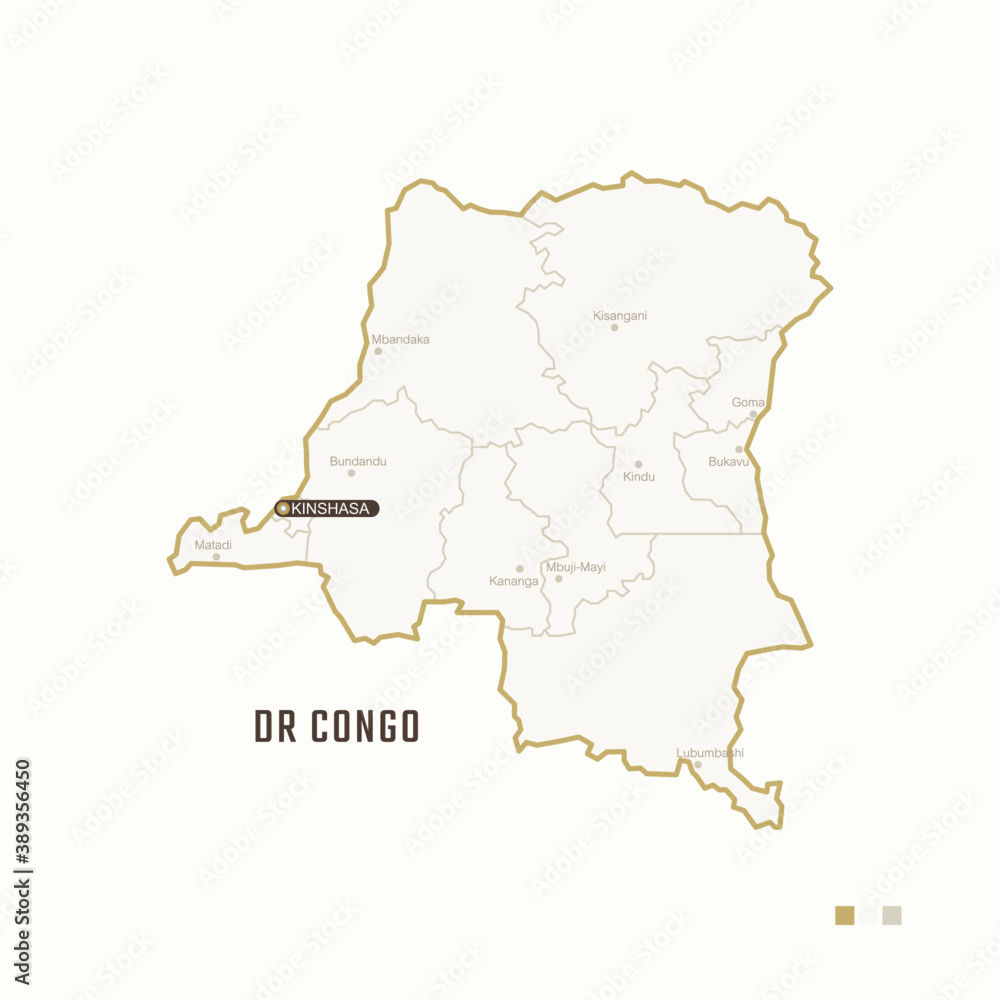 Map of DR Congo with border, cities and capital Kinshasa. Each city has separately for your design. Vector Illustration