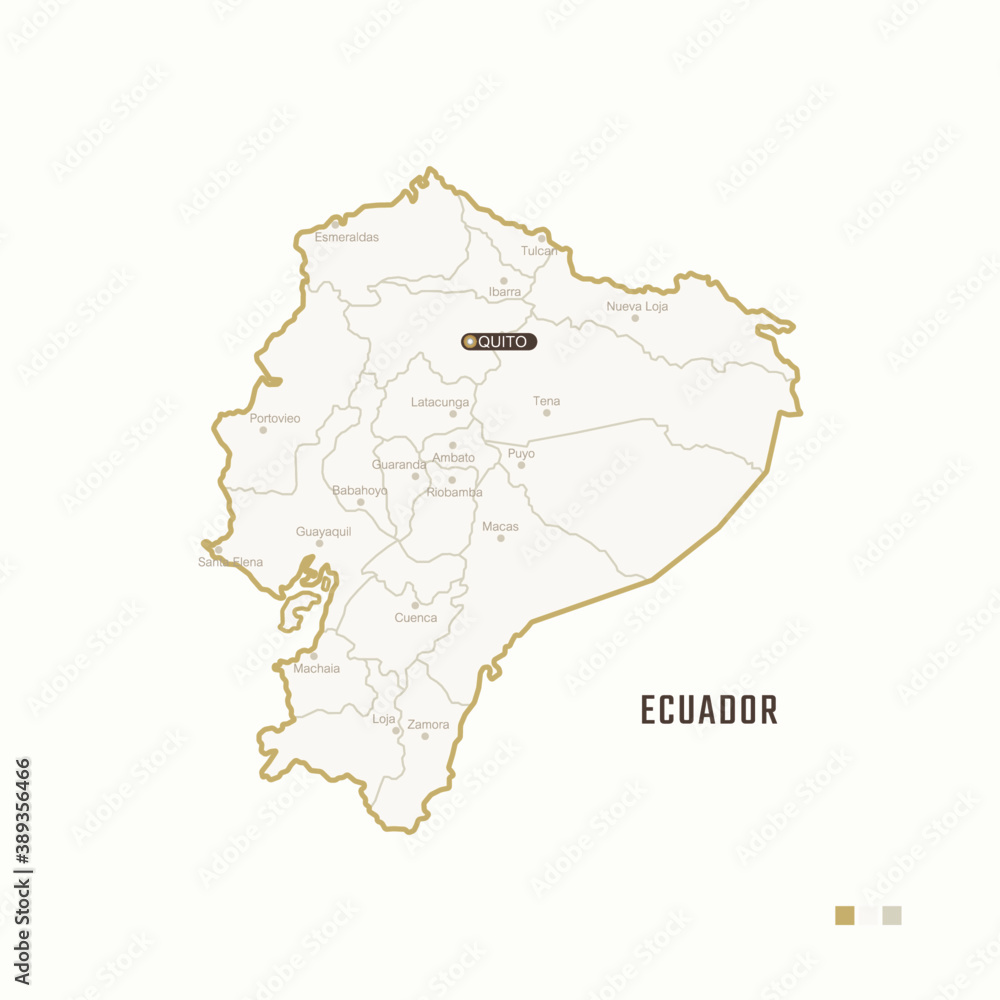 Map of Ecuador with border, cities and capital Quito. Each city has separately for your design. Vector Illustration
