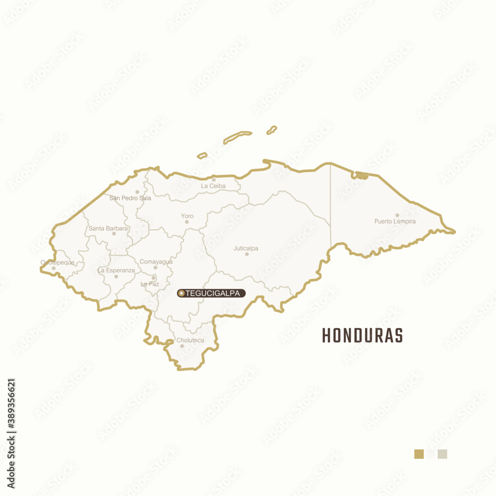Map of Honduras with border, cities and capital Tegucigalpa. Each city has separately for your design. Vector Illustration