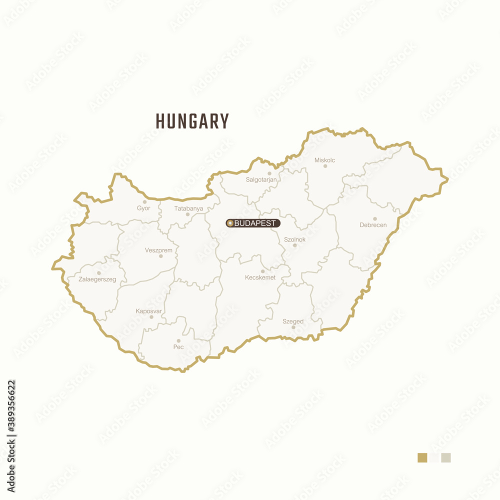 Map of Hungary with border, cities and capital Budapest. Each city has separately for your design. Vector Illustration