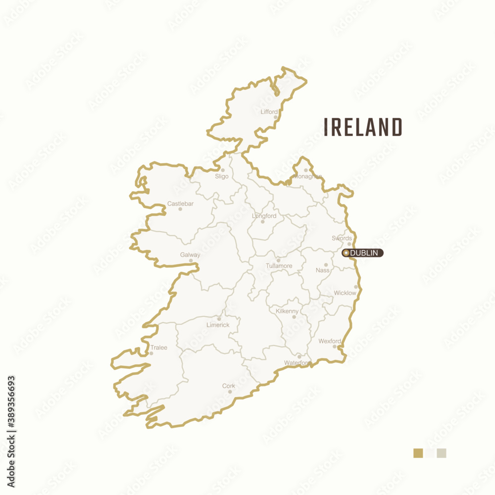 Map of Ireland with border, cities and capital Dublin. Each city has separately for your design. Vector Illustration