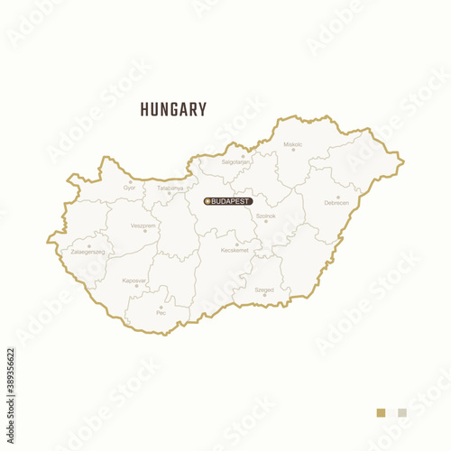Map of Hungary with border  cities and capital Budapest. Each city has separately for your design. Vector Illustration