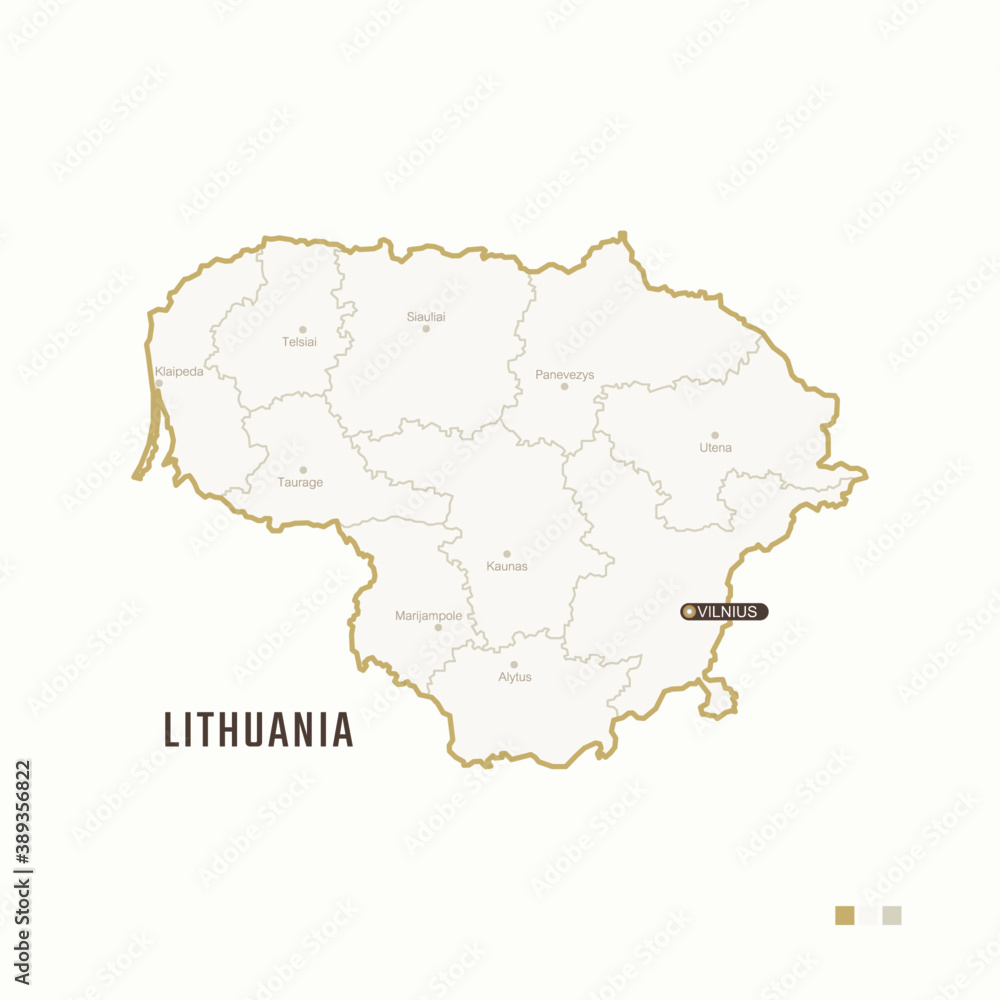 Map of Lithuania with border, cities and capital Vilnius. Each city has separately for your design. Vector Illustration Map of Lithuania with border, cities and capital Vilnius. Each city has separately for your design. Vector Illustration