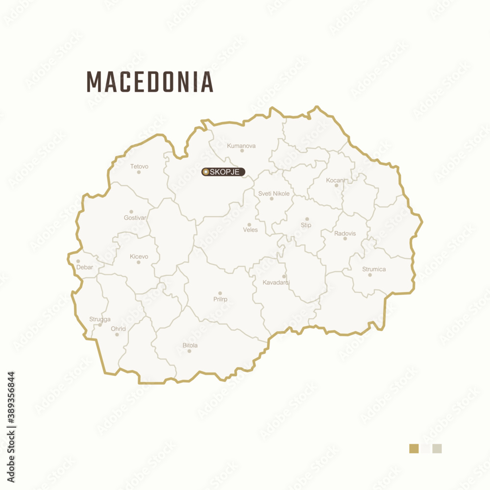 Map of Macedonia with border, cities and capital Skopje. Each city has separately for your design. Vector Illustration
