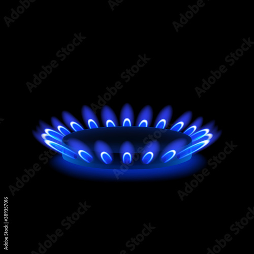 Gas burner and blue flame, stove, natural fuel. Vector illustration.