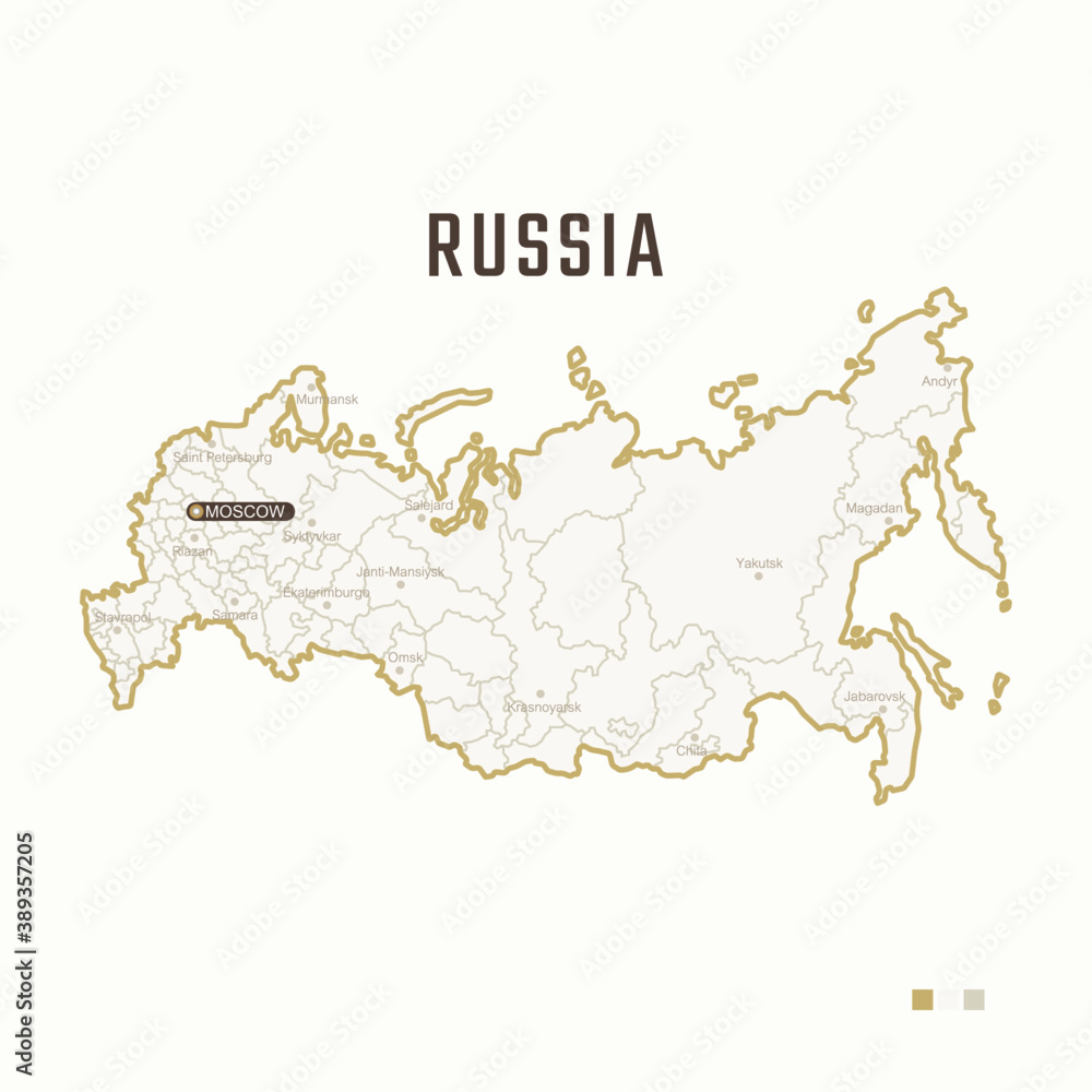 Map of Russia with border, cities and capital Moscow. Each city has separately for your design. Vector Illustration