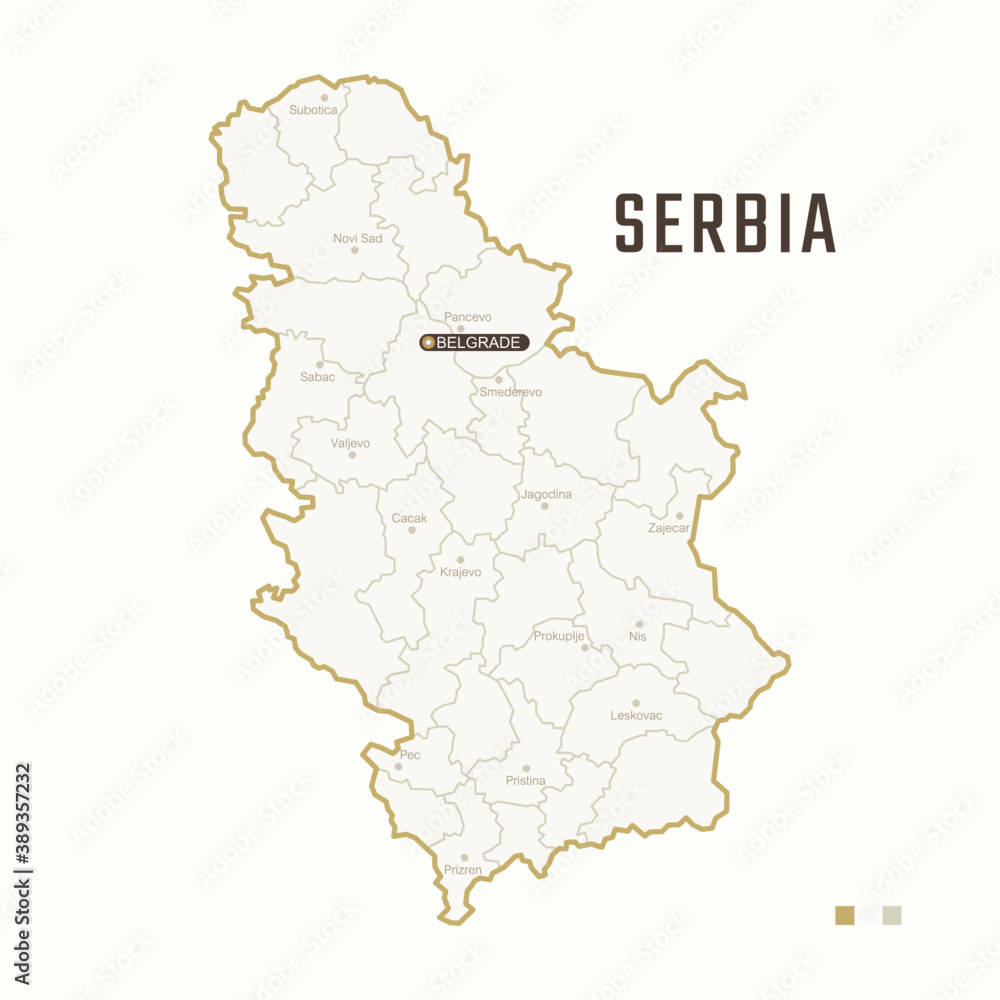 Map of Serbia with border, cities and capital Belgrade. Each city has separately for your design. Vector Illustration