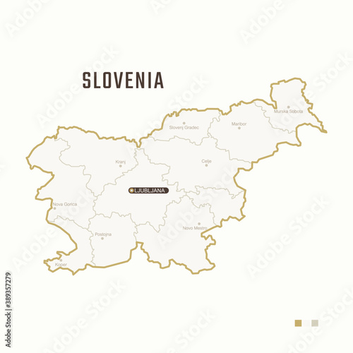 Map of Slovenia with border, cities and capital Ljubljana. Each city has separately for your design. Vector Illustration