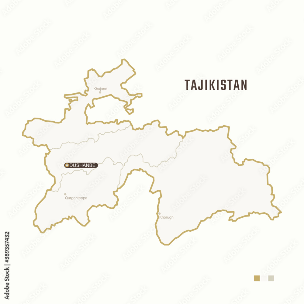 Map of Tajikistan with border, cities and capital Dushanbe. Each city has separately for your design. Vector Illustration