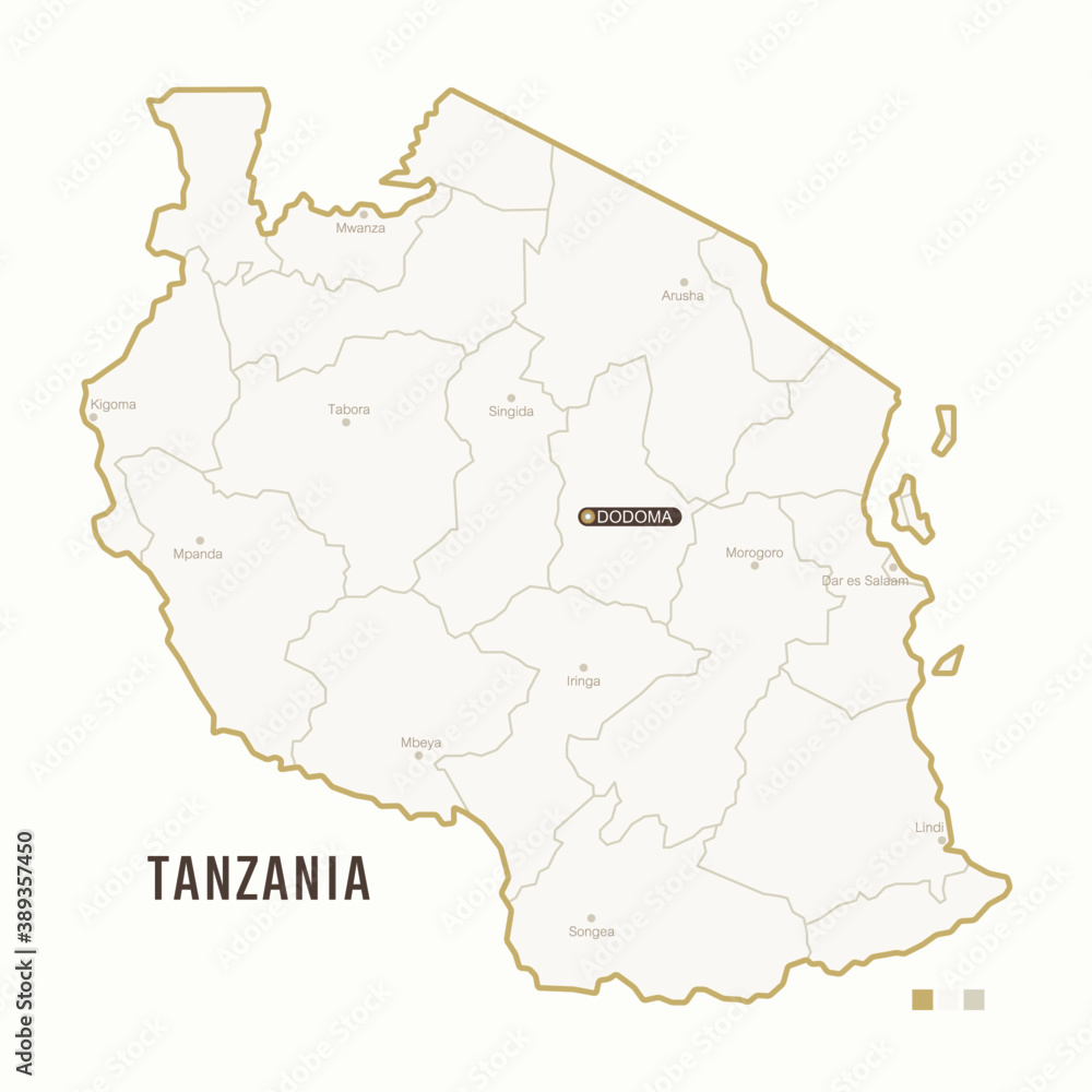 Map of Tanzania with border, cities and capital Dodoma. Each city has separately for your design. Vector Illustration