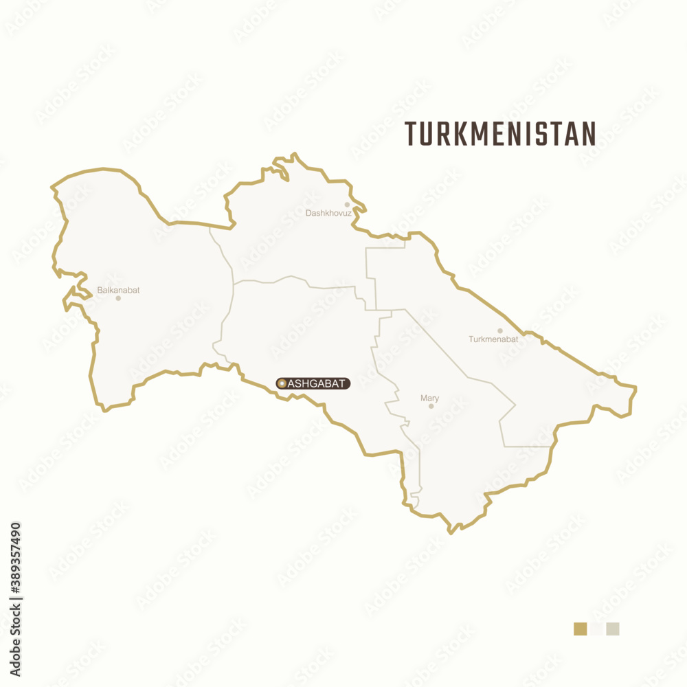 Map of Turkmenistan with border, cities and capital Ashgabat. Each city has separately for your design. Vector Illustration
