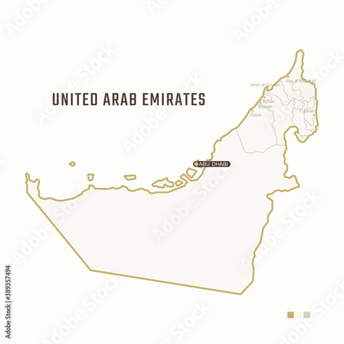 Map of United Arab Emirates (UAE) with border, cities and capital Abu Dhabi. Each city has separately for your design. Vector Illustration