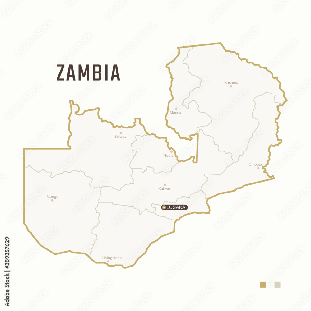 Map of Zambia with border, cities and capital Lusaka. Each city has separately for your design. Vector Illustration
