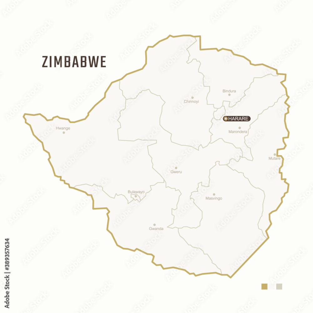 Map of  Zimbabwe with border, cities and capital Harare. Each city has separately for your design. Vector Illustration