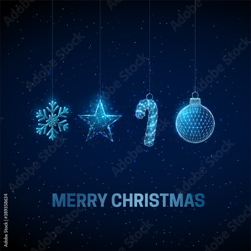 Abstract Happy New Year greeting card with hanging Christmas toys.