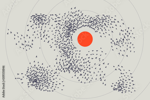 Obstacle avoidance behaviour. Crowd of people behaviour. Flocking boids simulation. Artificial life model. Swarm formation. Group of boids. photo