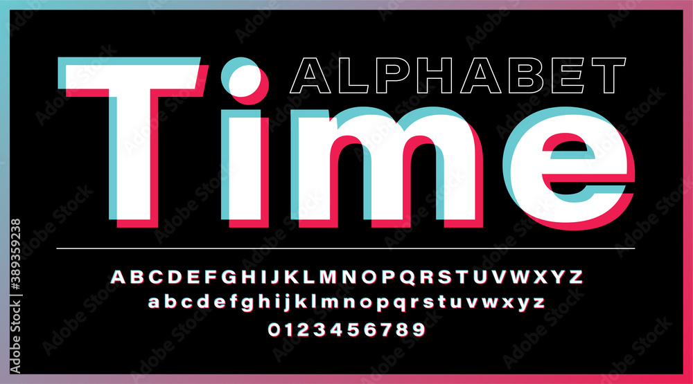 Glitch alphabet. Modern social media font. Set of letters and numbers. Alphabet with 3d glitch effect isolated on black background - obrazy, fototapety, plakaty 