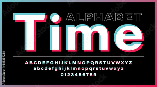 Glitch alphabet. Modern social media font. Set of letters and numbers. Alphabet with 3d glitch effect isolated on black background