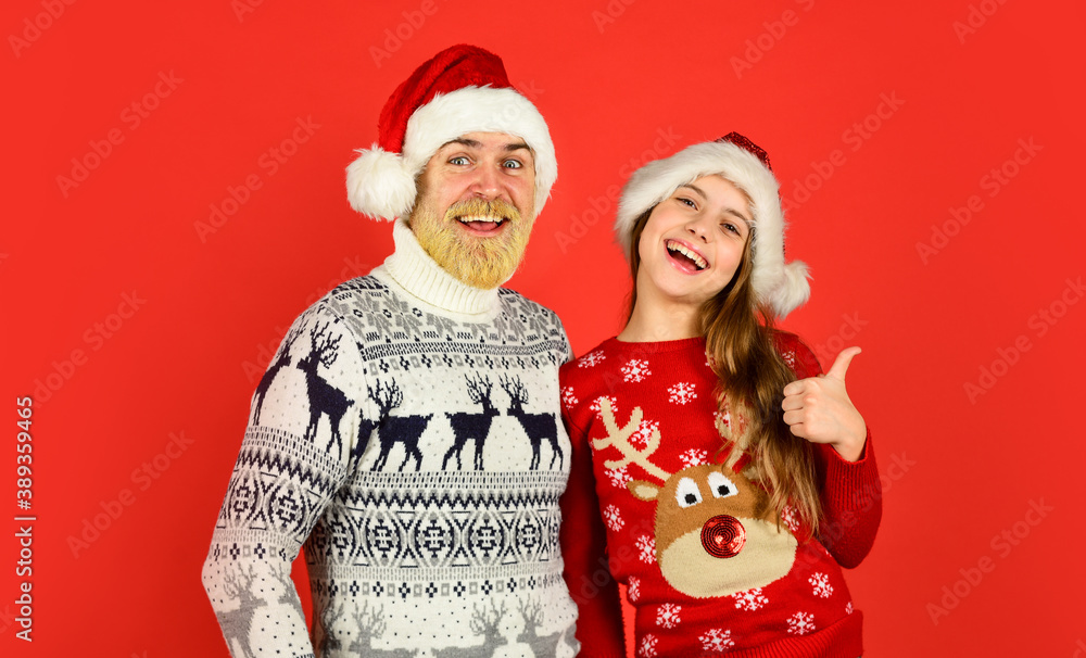 Fototapeta premium Winter holidays. My dear daughter. Father and little kid celebrate new year. Family time. Holly jolly christmas. Dad and child having fun. Family bonds. Christmas tradition. Christmas eve concept
