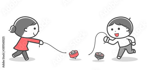 コマ回しをして遊ぶ子どもたち / 2色