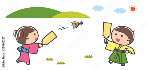 着物姿で羽根つきをする子どもたち / 線あり