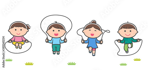 一緒になわとびをする子どもたち / 線あり