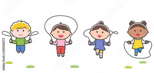 一緒になわとびを子どもたち（人種いろいろ） / 線あり