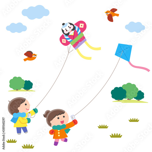 凧あげをする子どもたち・風景 / 輪郭線なし