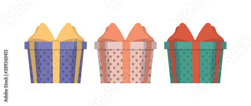 Set of multi-colored gifts in a flat style. Gift boxes. Suitable for designs on the theme of New Year  birthday or Valentine s Day. Isolated. Vector.