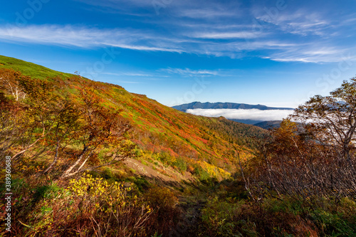 北海道・大雪山系の赤岳で見た、色鮮やかな銀泉台の紅葉と青空、迫り来る雲海 © 和紀 神谷