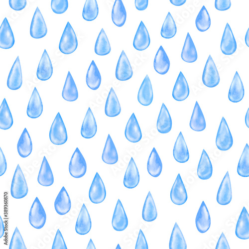 Seamless pattern from hand drawn watercolor blue rain drops.