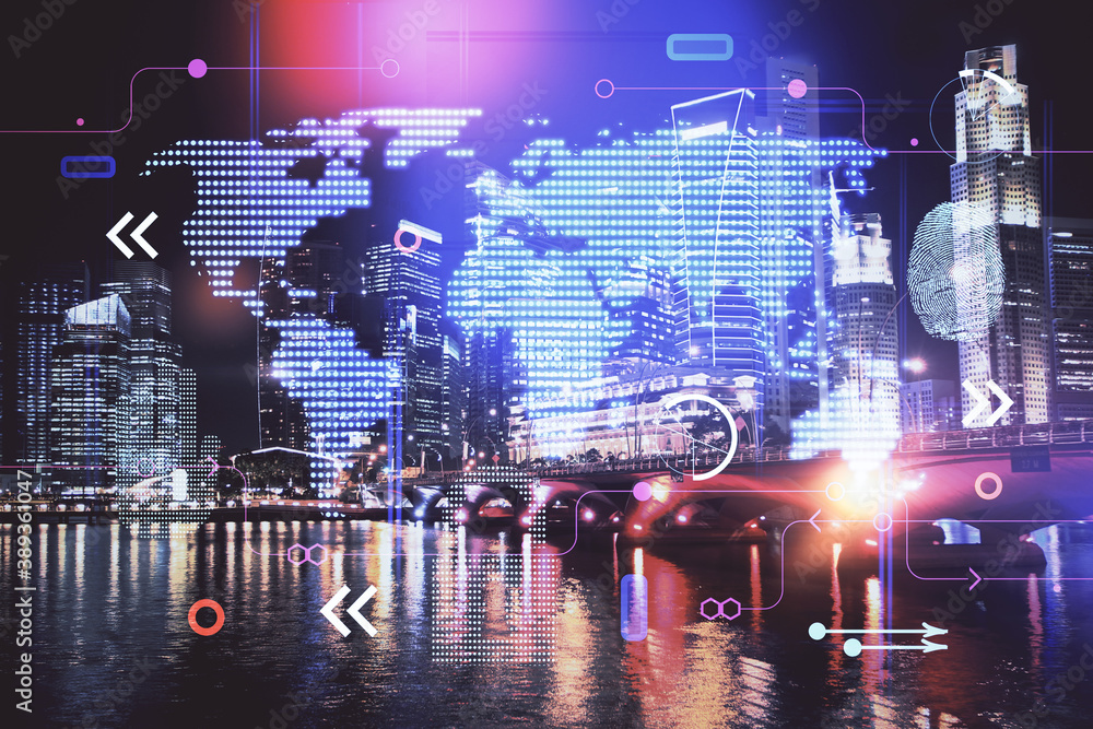 Map and data theme hologram on city view with skyscrapers background double exposure. International technology in business concept. Map and data theme hologram on city view with skyscrapers background double exposure. International technology in business concept.