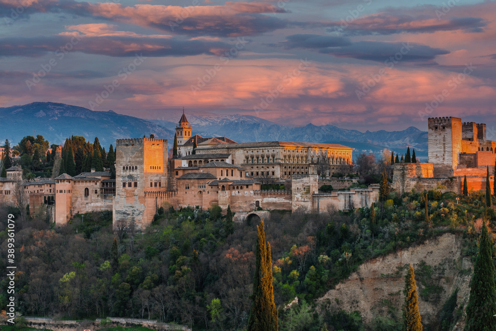 Alhambra Arabic Palace in Granada,Spain Illuminated at Twilight. Sunset Over Alhambra