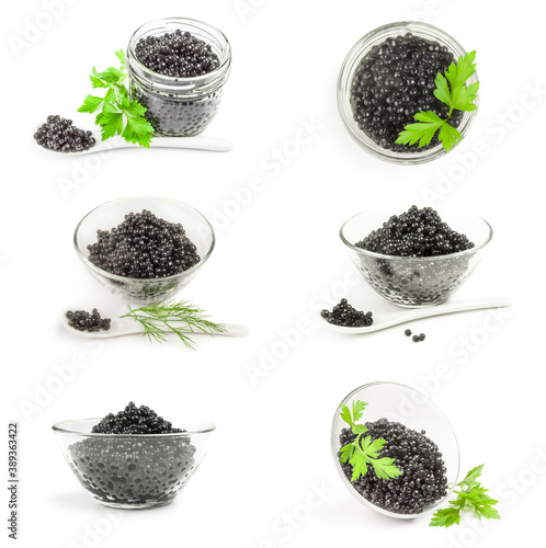 Set of black fish eggs over a white background