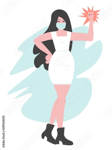 Successful recovery from COVID-19. Strong woman with her fist up is celebrating her victory. She's wearing a blue medical mask and white dress. Cute vector drawing.