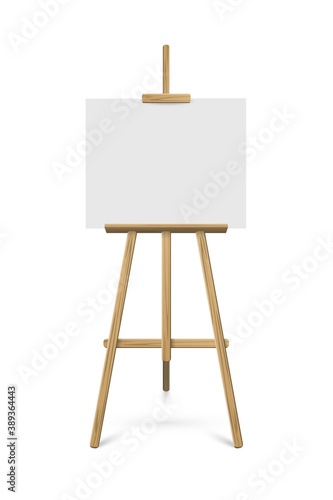Easel with white horizontal paper sheet. Vector realistic design element isolated on white background.