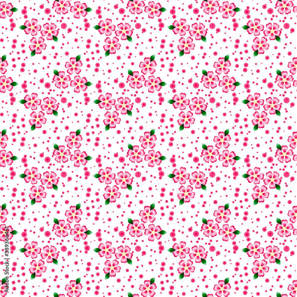 Vector seamless pattern with pink flowers on a white background. Use in fabric, wrapping paper, wallpaper, bags, clothes, dishes, cases on smartphones and tablets. Vector seamless pattern with pink flowers on a white background. Use in fabric, wrapping paper, wallpaper, bags, clothes, dishes, cases on smartphones and tablets.