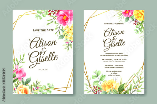 Elegant pink rose floral wedding invitation card template

