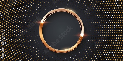 Golden circle on halftone background. 3d realistic modern shining template vector illustration. Simple gold object lines with sparkles on gray halftone horizontal background