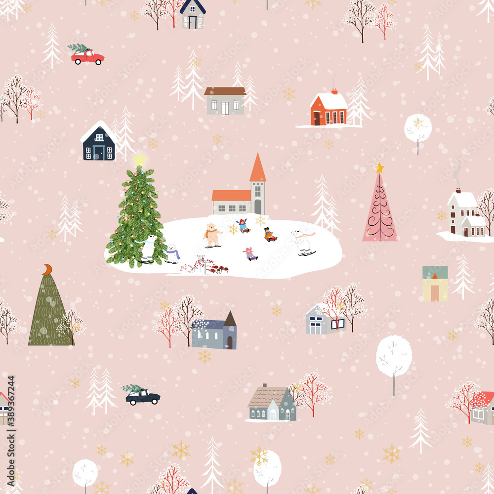 Seamless pattern Cute Christmas landscape in the town with fairy tale houses,car,polar bear playing ice skates and Christmas trees,Vector Panorama flat design in village on Christmas eve