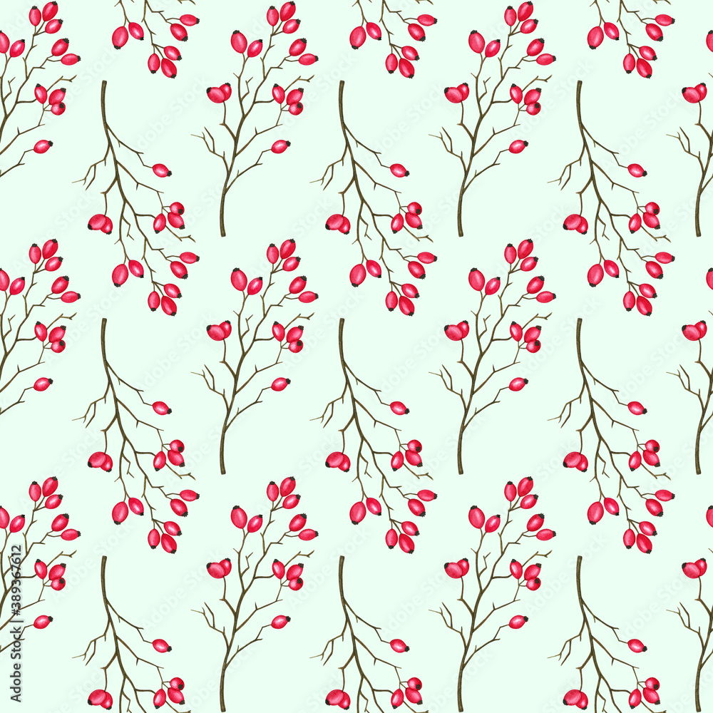 Rosehip Branch Seamless Pattern. Winter leafless Wild Rose twig with Red Berries. Hand drawn botanical background for design natural print, scrapbooking, wrapping paper, invitation, textile, fabric