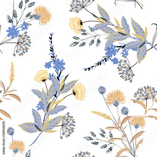 Botanical seamless vector pattern with leaves ,bloomong floral in monotone blue and beige colors ,Design for fashion , fabric, textile, wallpaper, cover, web , wrapping and all prints