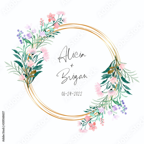 Soft pink purple wild floral with golden frame